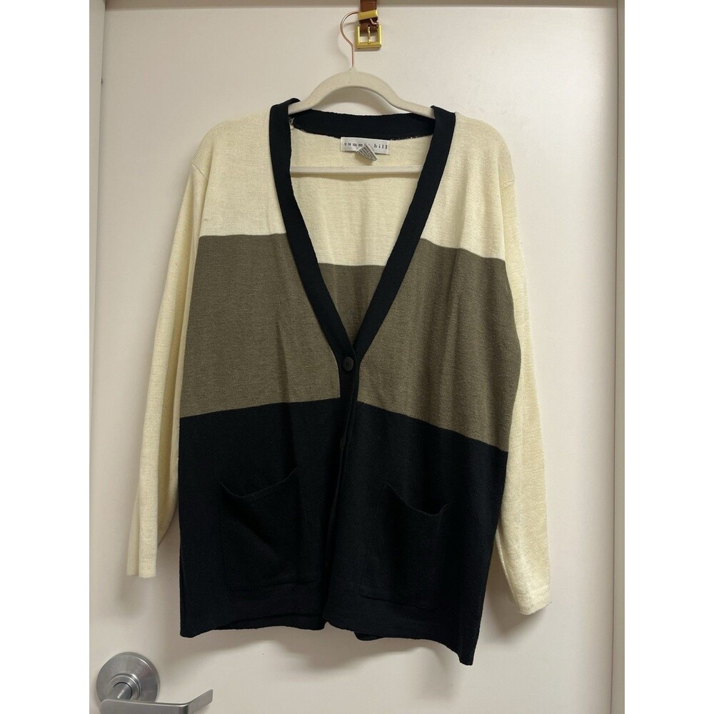 Vintage 90s Summit Hill Sweater Womens M Creamy Color Block Cardigan 2 Pockets
